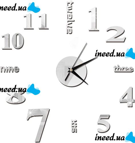 Большие 3D бесшумные настенные часы Diy Clock ZH01510 Grey 90 см, Бескаракасные самоклеющиеся 3Д часы Цифры на стену для дома, офиса Серые
