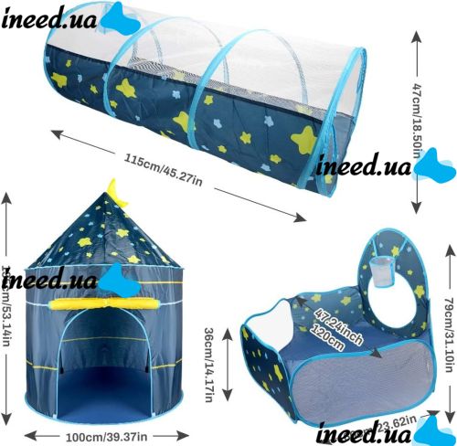 Children's Play Tent Castle Beautiful Cubby house 3 in 1 for Children with Tent House, Tunnel and Dry Pool, Prefabricated Teepee with Bag Blue