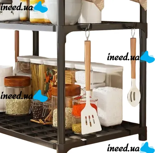 Кухонная полка органайзер Kitchen Storage Rack YX544-4 для хранения кухонных принадлежностей 3 яруса уровня, Стойка стеллаж с крючками для кухни