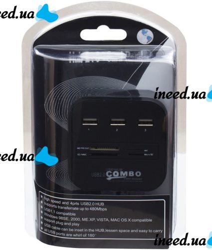 Разветвитель USB Hub Combo C329 7в1 MicroSD MS M2 MMC, Концентратор хаб картридер 3 юсб порта до 480 Мбит/с для компьютера и ноутбука Черный