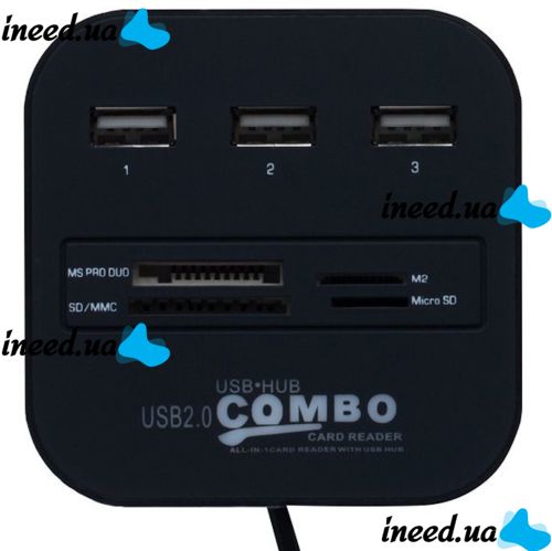 Разветвитель USB Hub Combo C329 7в1 MicroSD MS M2 MMC, Концентратор хаб картридер 3 юсб порта до 480 Мбит/с для компьютера и ноутбука Черный