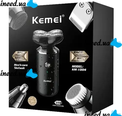 Мужская аккумуляторная электробритва триммер 5 в 1 Kemei KM-1004 для стрижки и бритья волос, бороды, носа и ушей со сменными насадками эпилятор 5W