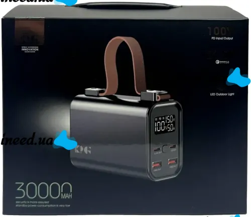 Портативное зарядное устройство Power Bank KP KG-300 30000 mAh 100W с фонариком, Внешний аккумулятор повербанк 30000мАч USB Type-C с ручкой Черный