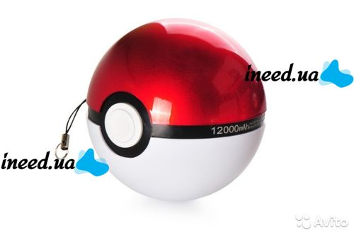 Портативное зарядное устройство Power Bank 10000 mAh в виде Pokeball, в форме Покебол из Мультфильма Pokemon