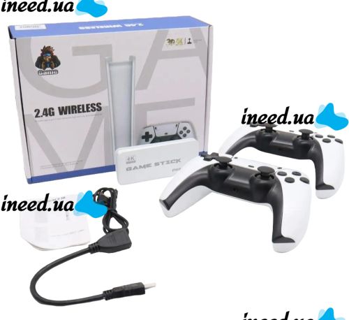 Игровая мини консоль в стиле PS5 HDMI Game Stick M15 PS1 с 20000 встроенных игр с 2 беспроводными джойстиками, Детская приставка 64GB 4К с контроллерами Белая