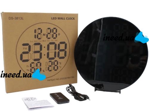 Электронные настенные часы LED Wall Clock DS-3813L 26см с будильником и календарем, Цифровые круглые часы зеленые с белым на стену от USB Черные
