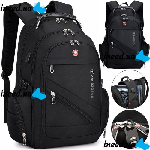 Universal Backpack SwissGear Men Bag 8810 39 L, 17" + USB + Rain Cover black Black