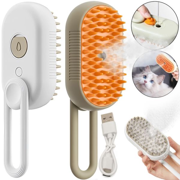 Паровая щетка для котов и собак Steamy Pet Brush E-W3317 электрическая расческа с распылителем пара для вычесывания шерсти животных USB XL-889