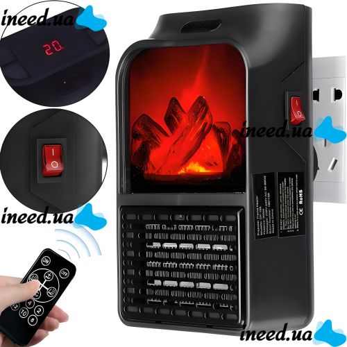 Портативный мини обогреватель с имитацией пламени Flame Heater W-012 с LCD экраном 800W в розетку, Тепловентилятор камин с пультом 800Вт Черный
