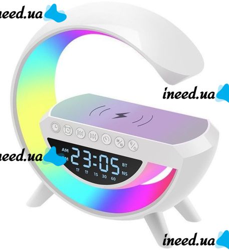 Desktop Smart Lamp Night Light 4 In 1 RGB BT-3401 Rechargeable with 15W Wireless Charging and Bluetooth Speaker, Light Sound Speaker White