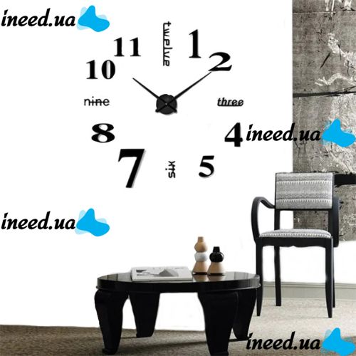 Большие 3D бесшумные настенные часы Diy Clock ZH01510 BLACK 90 см, Бескаракасные самоклеющиеся 3Д часы Цифры на стену для дома, офиса Черные
