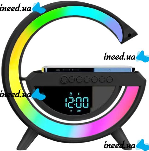 Настольная смарт лампа ночник 4 В 1 RGB BT-3401 аккумуляторный с беспроводной зарядкой 15W и Bluetooth колонкой, Световая звуковая колонка Черная