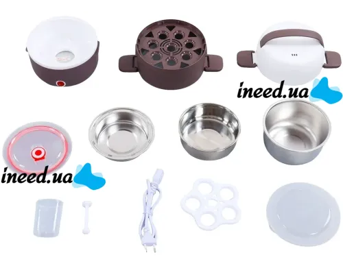 Электрический ланч бокс пароварка Electric lunch heater box 1500мл 3 секции для подогрева и приготовления еды от сети, судочек рисоварка для пищи