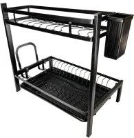 Металлическая двухъярусная сушилка органайзер Kitchen rack double deck MJ-4014 над раковиной, Стойка 2 яруса для сушки и хранения посуды с поддоном
