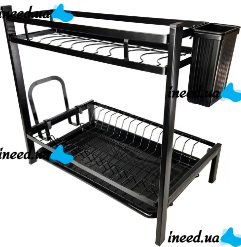 Металлическая двухъярусная сушилка органайзер Kitchen rack double deck MJ-4014 над раковиной, Стойка 2 яруса для сушки и хранения посуды с поддоном