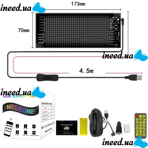 Гибкий экран Matrix Panel JTPD-03-011 7х17.3 см 16х32 LED светодиодная рекламная RGB лента в авто, бегущая строка с пультом и Bluetooth WiFi