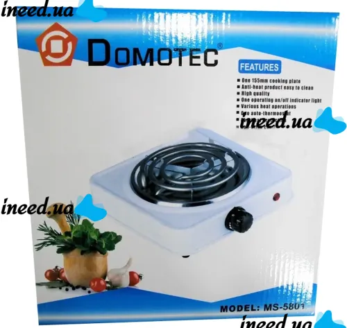 Электрическая настольная спиральная плита на одну конфорку Domotec MS-5801 1000W, Одноконфорочная электроплита 1000Вт с термостатом на 5 положений