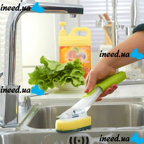 Многофункциональная щетка с дозатором для чистки и мытья посуды Automatic Liquid Cleaning Brush DMZ-8890, Щетка губка с насадками и ручкой Салатовая