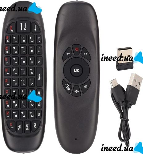 Беспроводная аэромышь C120 RuS с клавиатурой Air mouse с гироскопом, Универсальный USB пульт русская раскладка мини клавиатура на батарейках Черная