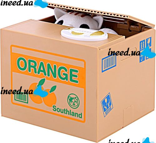 Детская интерактивная копилка Хитрый котик Mischief Saving Box на батарейках Копилка-сейф для денег кот воришка в коробке забирает монетку лапой