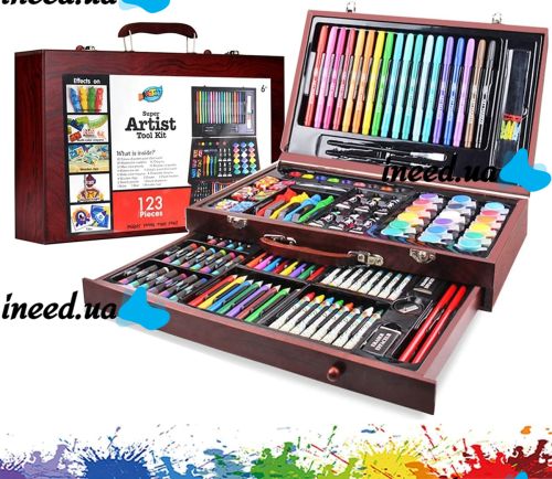 Детский набор для рисования и творчества Super Artist Tool Kit 123 предмета в деревянном чемодане Художественный комплект карандашей и красок в кейсе