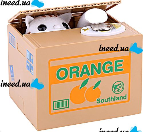 Детская интерактивная копилка Хитрый котик Mischief Saving Box на батарейках Копилка-сейф для денег кот воришка в коробке забирает монетку лапой