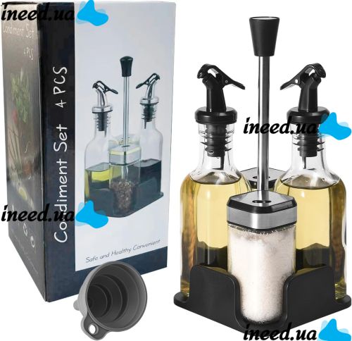 Набор кухонных емкостей Seasoning Bottle T221-3 для специй, масла и уксуса 4 емкости на подставке, Спецовница органайзер для хранения приправ Черный