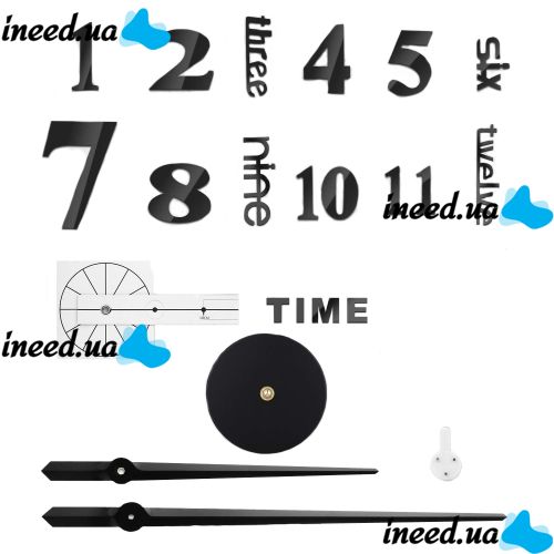 Большие 3D бесшумные настенные часы Diy Clock ZH01510 BLACK 90 см, Бескаракасные самоклеющиеся 3Д часы Цифры на стену для дома, офиса Черные