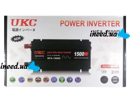 Автомобильный преобразователь инвертор UKC NFA-1500D 12V-220V с чистой синусоидой 1500W, Автопреобразователь напряжения тока AC/DC от аккумулятора