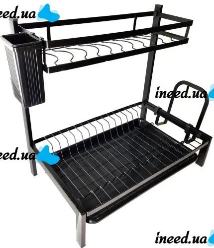 Металлическая двухъярусная сушилка органайзер Kitchen rack double deck MJ-4014 над раковиной, Стойка 2 яруса для сушки и хранения посуды с поддоном