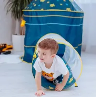 Children's Play Tent Castle Beautiful Cubby house 3 in 1 for Children with Tent House, Tunnel and Dry Pool, Prefabricated Teepee with Bag Blue