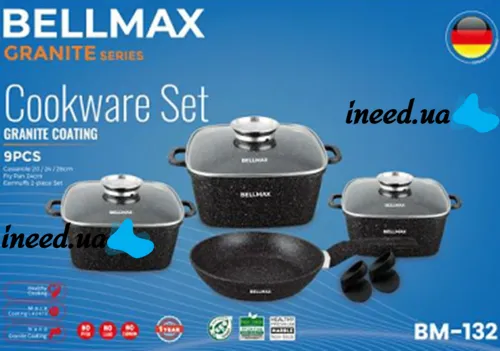 Кухонный набор посуды Bellmax Cookware Set BM-132 3 казана и сковорода для приготовления еды , Кастрюли с крышками и гранитным покрытием 9 предметов