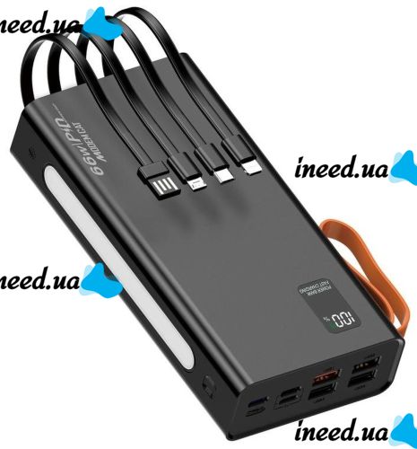 Портативное зарядное устройство Power Bank YM-644DX 66W 30000 mAh c набором кабелей для зарядки с фонариком, Внешний аккумулятор повербанк Черный