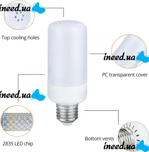 Светодиодная декоративная лампочка LED Flame Light E27 9W с RGB эффектом пламени в форме кукурузы в патрон Цветная лампа 2200K с имитацией огня