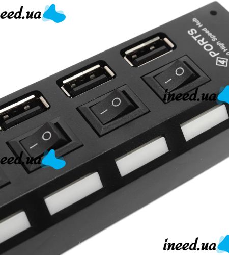 USB хаб Memos на 4 порти з перемикачами Black, живлення від USB 2.0 розгалужувач з кнопками on off концентратор перехідник HUB 480 Мбіт 5В Чорний