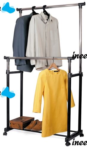 Телескопічна стійка-вішалка для зберігання одягу та взуття Double Pole Clothes Horse підлогова пересувна стійка, подвійна вішалка на коліщатках