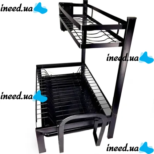 Металлическая двухъярусная сушилка органайзер Kitchen rack double deck MJ-4014 над раковиной, Стойка 2 яруса для сушки и хранения посуды с поддоном