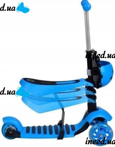 Трехколесный детский самокат беговел Scooter FYS-2864 Blue 5 в 1 со складным сиденьем, родительской ручкой и светящимися колесами для детей Голубой