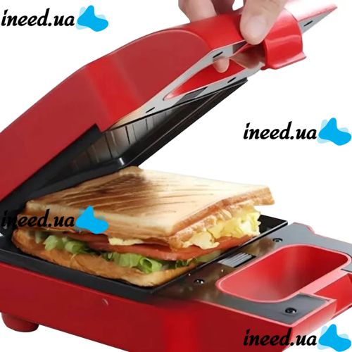 Электрическая сэндвичница вафельница Breakfast Machine BQ ST1008 со сменными панелями 600W, бутербродница для приготовления сендвичей от сети 220V Красная