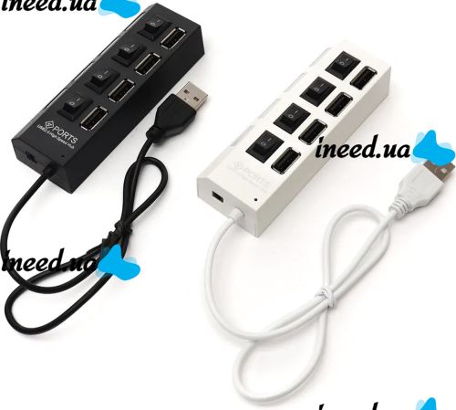 USB хаб Memos на 4 порти з перемикачами White, живлення від USB 2.0 розгалужувач з кнопками on off концентратор перехідник HUB 480 Мбіт 5В Білий