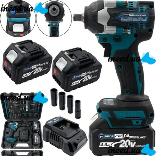 Беспроводной ударный гайковерт Makita DTW500BL 20V 4Ah 2 аккумулятора, Аккумуляторный бесщеточный гайковерт PROFI-TEC 350 Нм с головками в кейсе