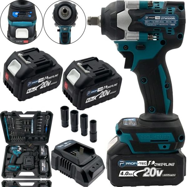 Беспроводной ударный гайковерт Makita DTW500BL 20V 4Ah 2 аккумулятора, Аккумуляторный бесщеточный гайковерт PROFI-TEC 350 Нм с головками в кейсе