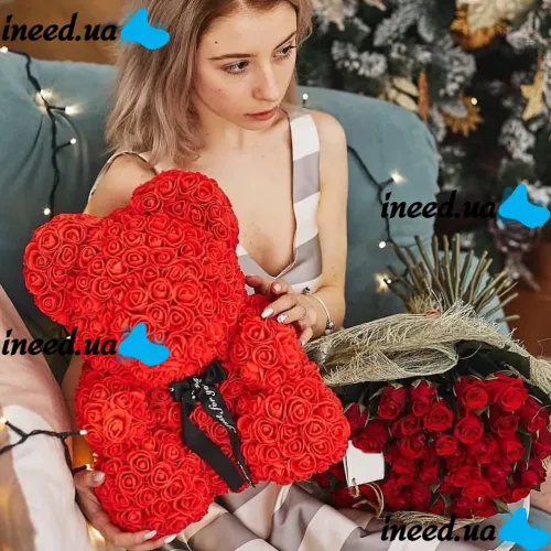 Маленький мишка из искусственных 3D роз Teddy Bear de Luxe 25 см Red, красный медведь Тедди