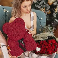 Маленький мишка из искусственных 3D роз Teddy Bear de Luxe 25 см Burgundy, бордовый медведь Тедди