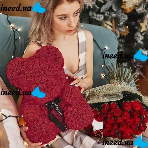 Маленький мишка из искусственных 3D роз Teddy Bear de Luxe 25 см Burgundy, бордовый медведь Тедди