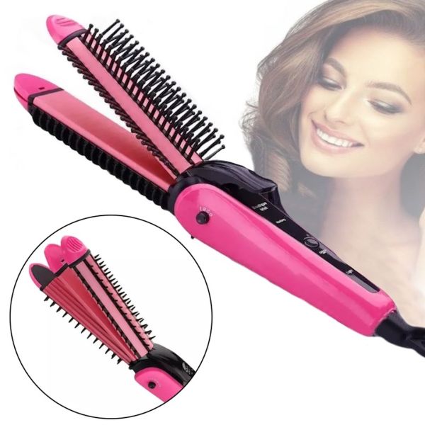 Multifunctional Triple Curling Iron 3 in 1 Domotec MS-4906 25W Hair Styling Straightener Crimper Corrugator for Straightening and Curling Pink