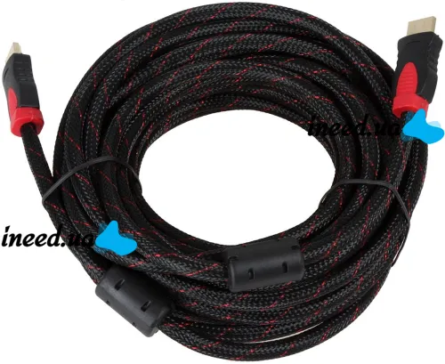 Посилений кабель Hdmi to Hdmi 15м 1080p в обмотці, кабель-подовжувач HDMI-HDMI 15m 15 m 15 м 15 м для монітора і телевізора в обплетенні Чорно Червоний