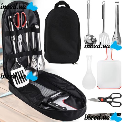 Набор туристической посуды Kitchen Utensil BBQ комплект столовых приборов на 7 предметов ножницы ложка доска щипцы резак для кемпинга в сумке чехле