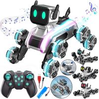 Stunt Dog Robot Champions Stunt Robot Dog is an eight-wheeled puppy with sound and light effects on a remote control and USB gestures