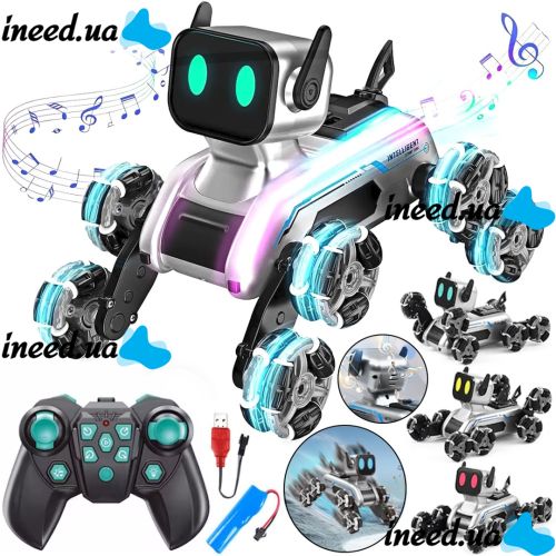 Stunt Dog Robot Champions Stunt Robot Dog is an eight-wheeled puppy with sound and light effects on a remote control and USB gestures